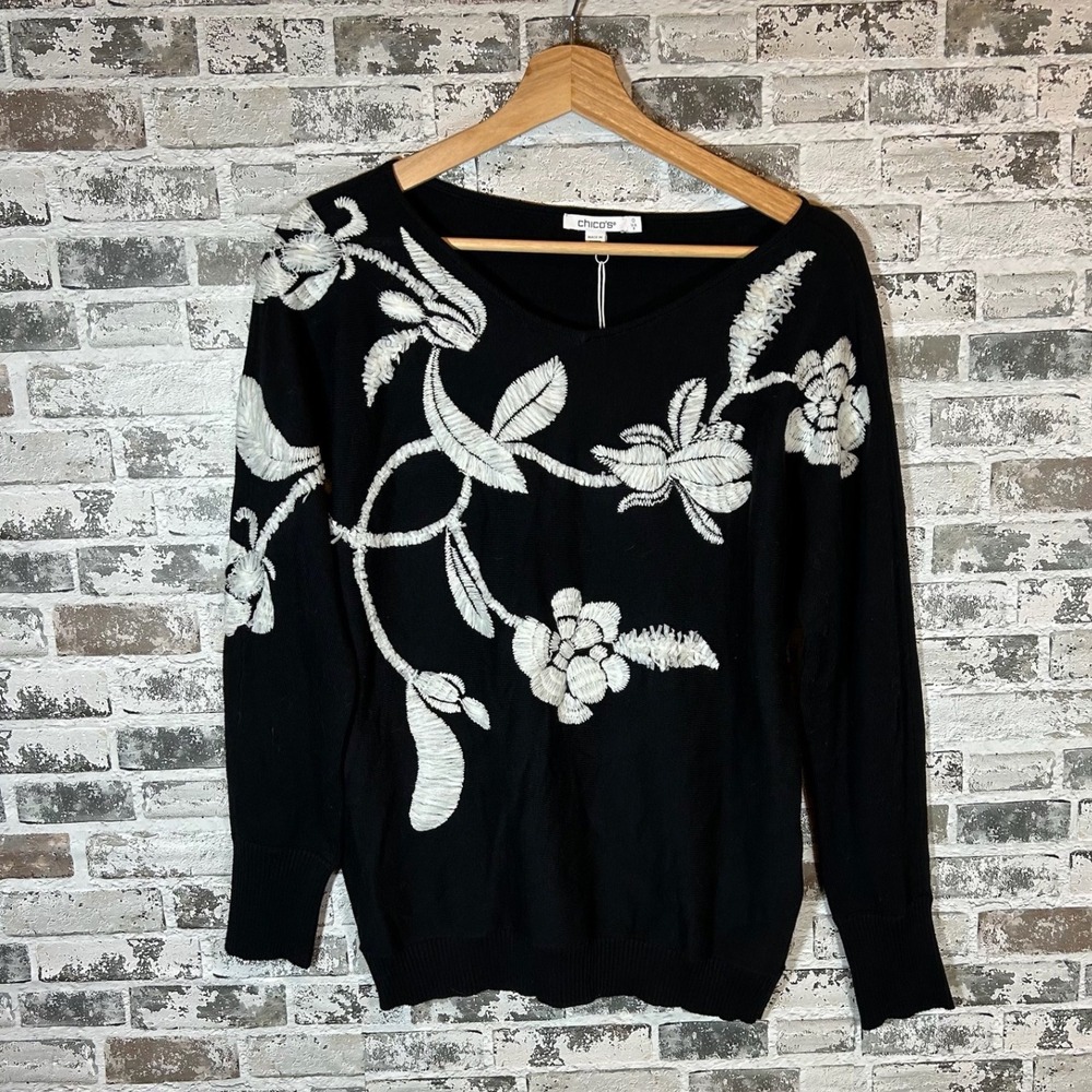 Chico's Black White Floral Embroidered Dolman V-Neck Pullover‎ Sweater 0 S NEW